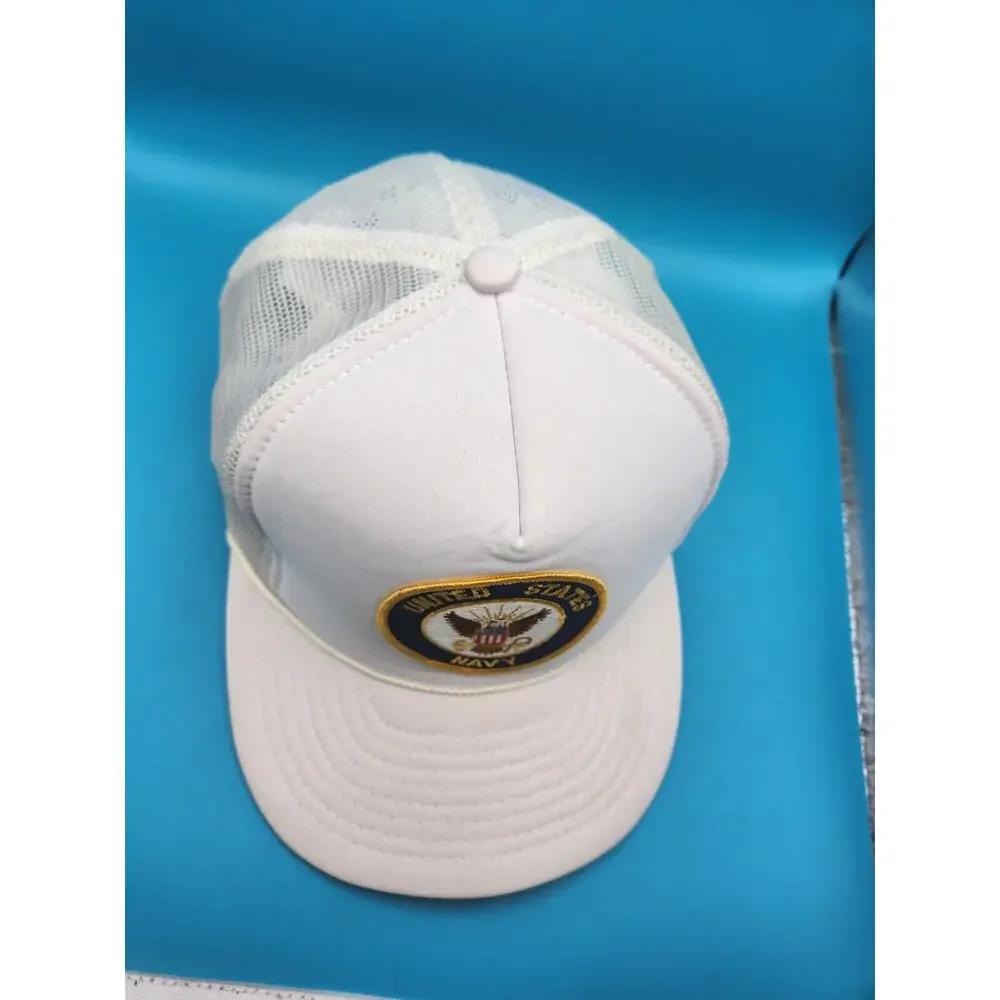 Vintage Nissin United States Navy White Mesh Back Snapback Trucker Cap Hat Cord